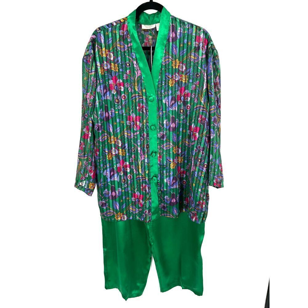 VICTORIA'S SECRET Vintage Kelly Green Pink Floral Sheer Oversized Pajamas Medium